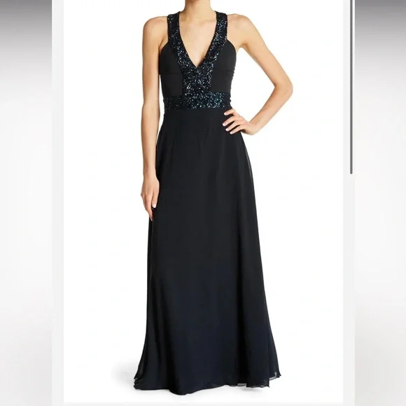 strapless open back dress Logan Embellished Off The Shoulder Gown in Black-Silver main image 0